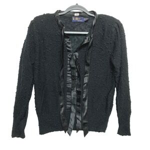 Vintage LeRoy Knit Sweater Top Womens M Black Textured Satin Ribbon Tie Front